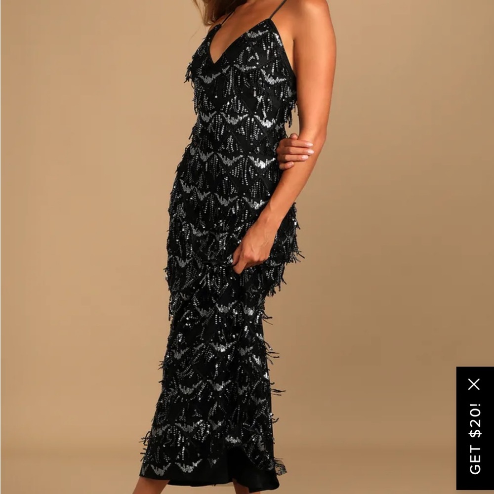 LULU Black Sequin Fringe Dress